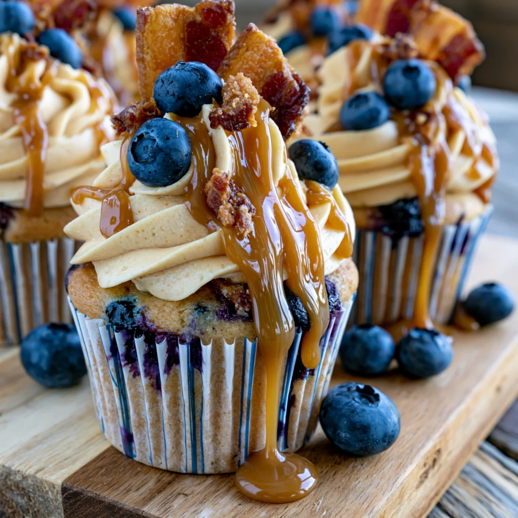 Indulgent Blueberry Bacon Cupcakes Recipe with Caramel Buttercream Frosting
