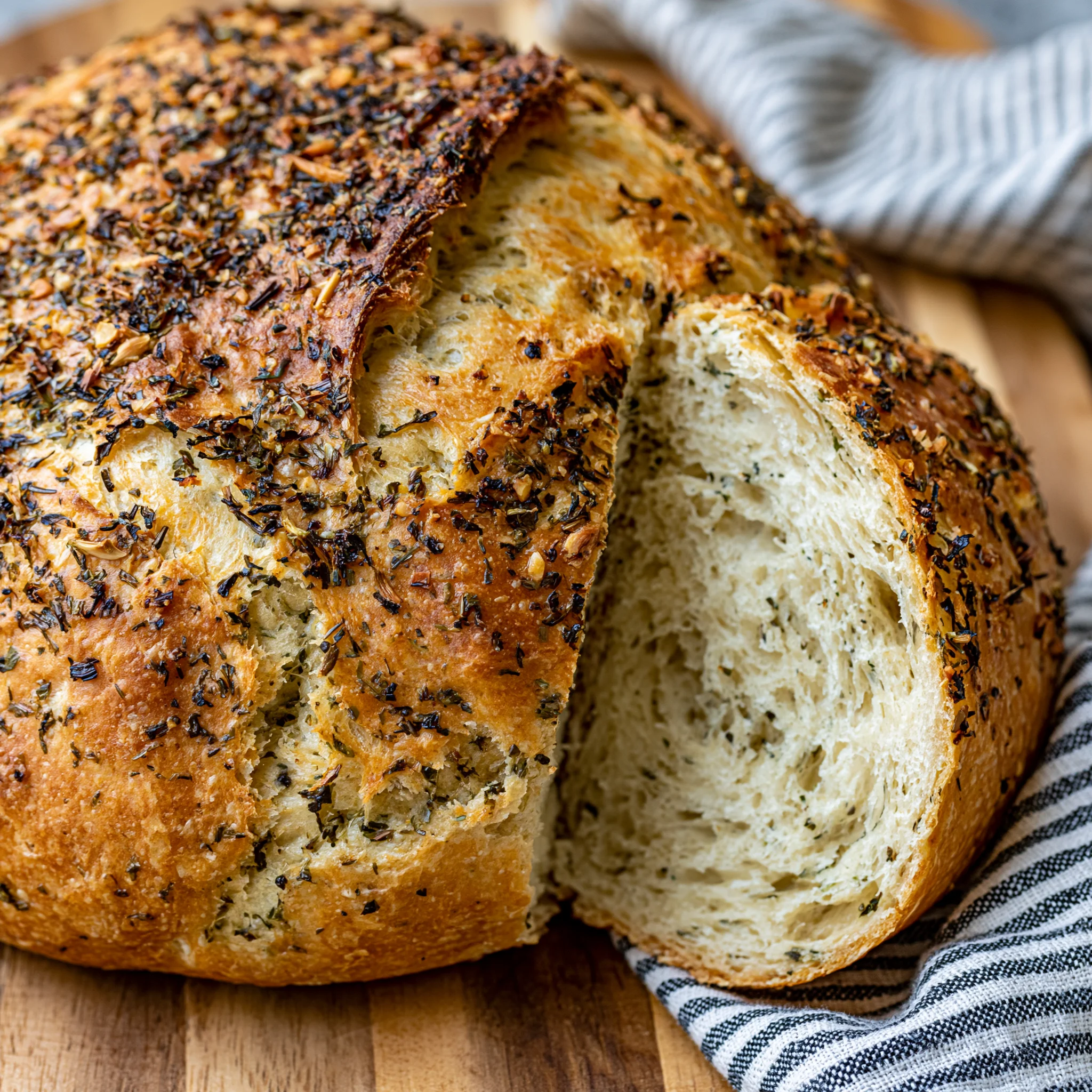 No Knead Garlic Herb Dutch Oven Bread Recipe (Crispy Crust)